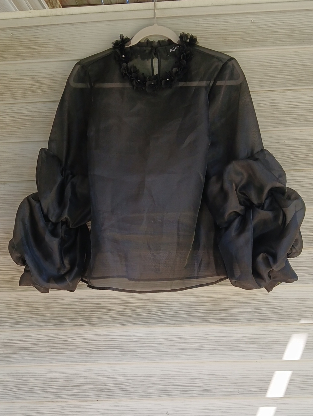 ASHRO Black Sheer Organza Top with Flora and Pearl Neckline, P2P 20